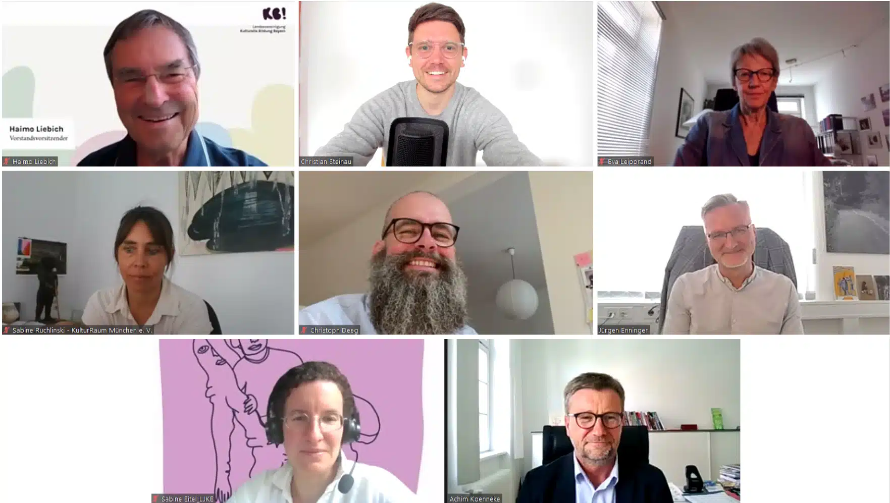 Screenshot eines Zoommeetings der KuPoGe-Landesgruppe Bayern mit Sabine Ruchlinski, Christian Steinau, Christoph Deeg, Sabine Eitel, Achim Könneke, Jürgen Enninger, Eva Leipprand und Haimo Liebich